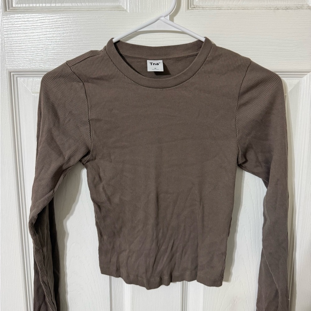 TNA Aritzia Taupe Ribbed Knit Top